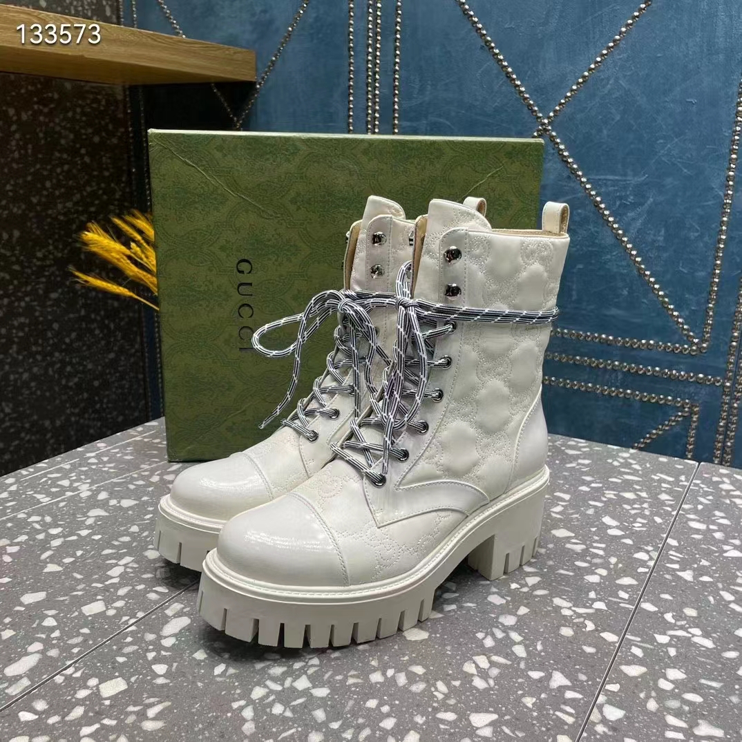 G*u*i women’s matelassé lace-up boot off white gg matelassé leather low-heel