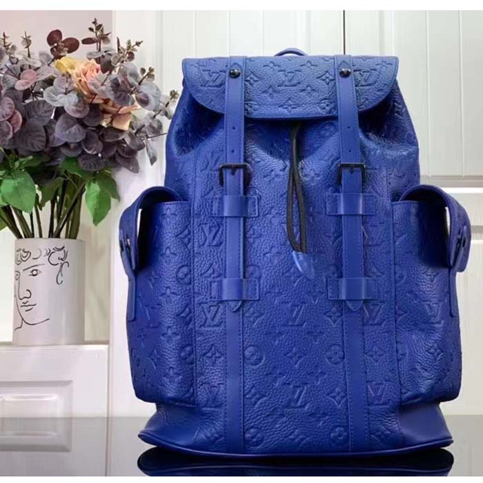 Louis Vuitton LV Unisex Christopher MM Backpack Racing Blue Embossed Taurillon Monogram Cowhide Leather