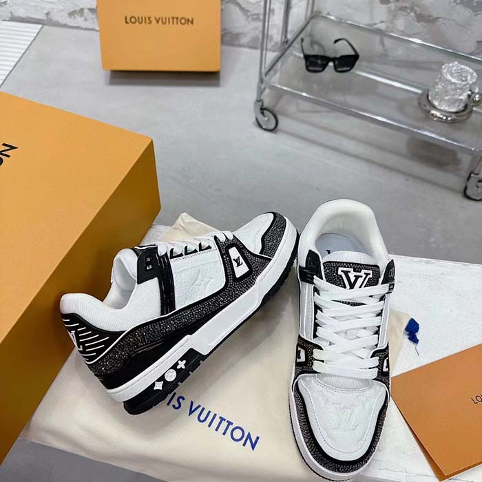 Louis Vuitton LV Unisex LV Trainer Sneaker Black Swarovski™ Crystals Grained Calf Leather