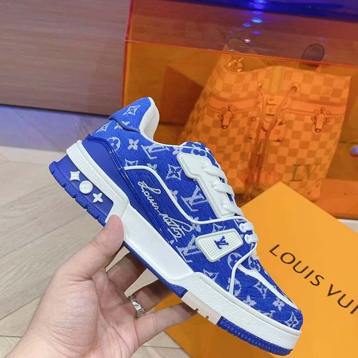 Louis Vuitton LV Unisex LV Trainer Sneaker Blue Monogram Textile Rubber Outsole