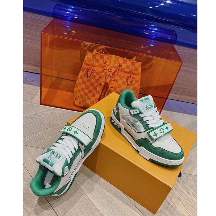 Louis Vuitton LV Unisex LV Trainer Sneaker Green Monogram Denim Rubber Outsole