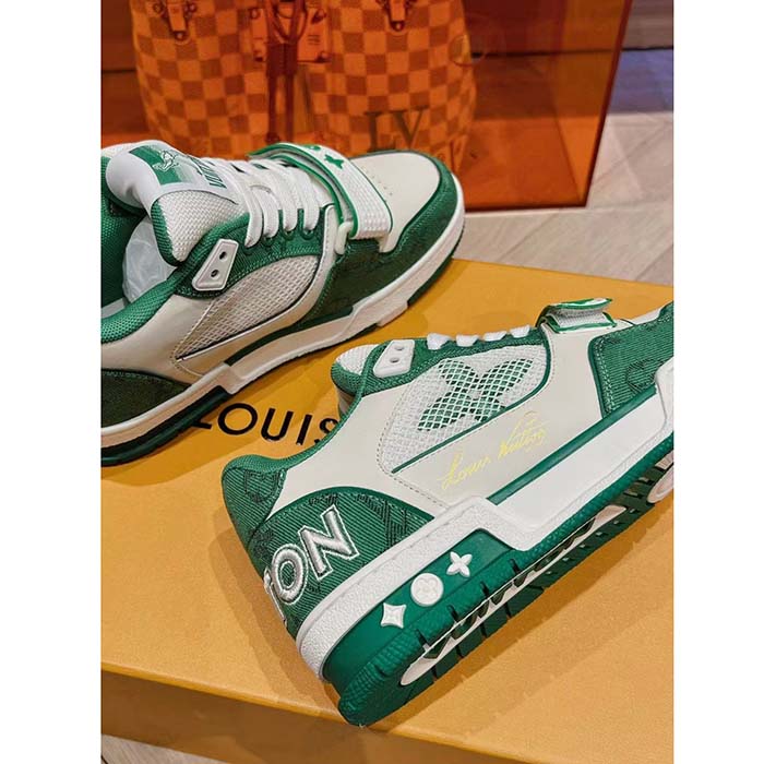 Louis Vuitton LV Unisex LV Trainer Sneaker Green Monogram Denim Rubber Outsole