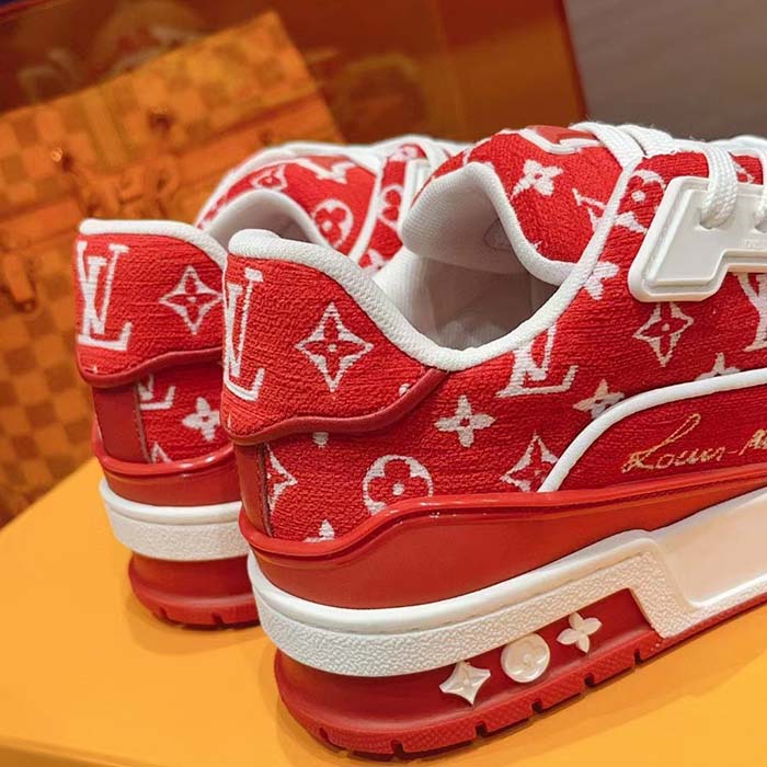 Louis Vuitton LV Unisex LV Trainer Sneaker Red Monogram Textile Rubber Outsole