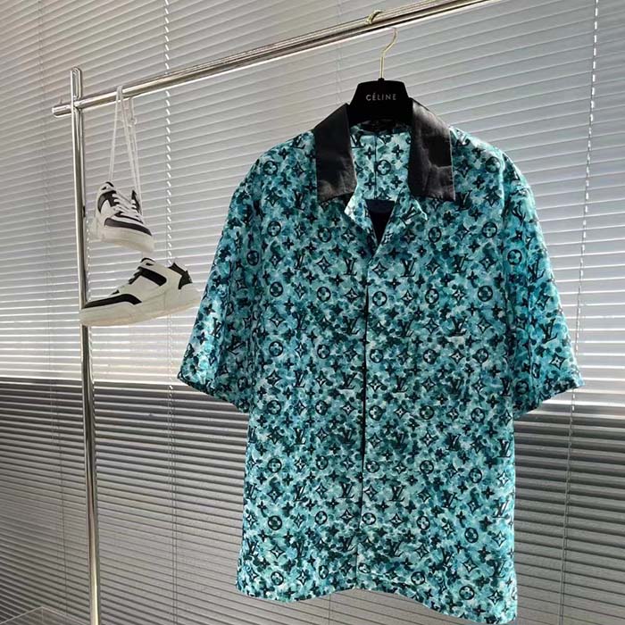 Louis Vuitton Men Monogram Crepe Short-Sleeved Shirt Relaxed Fit Blue Haze