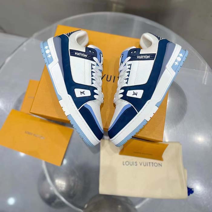 Louis Vuitton Unisex LV Trainer Sneaker Blue Nubuck Calf Leather Grained Monogram Flowers