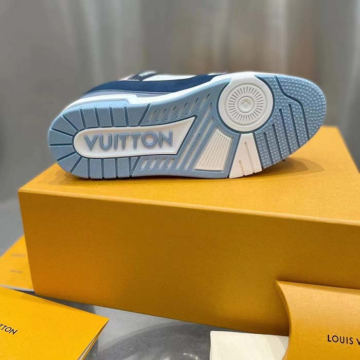 Louis Vuitton Unisex LV Trainer Sneaker Blue Nubuck Calf Leather Grained Monogram Flowers