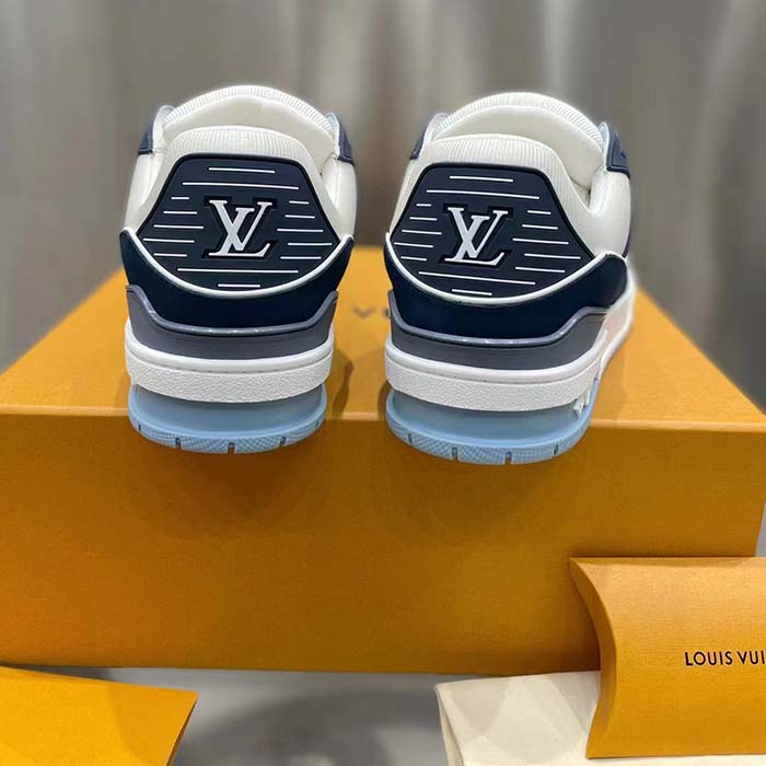 Louis Vuitton Unisex LV Trainer Sneaker Blue Nubuck Calf Leather Grained Monogram Flowers