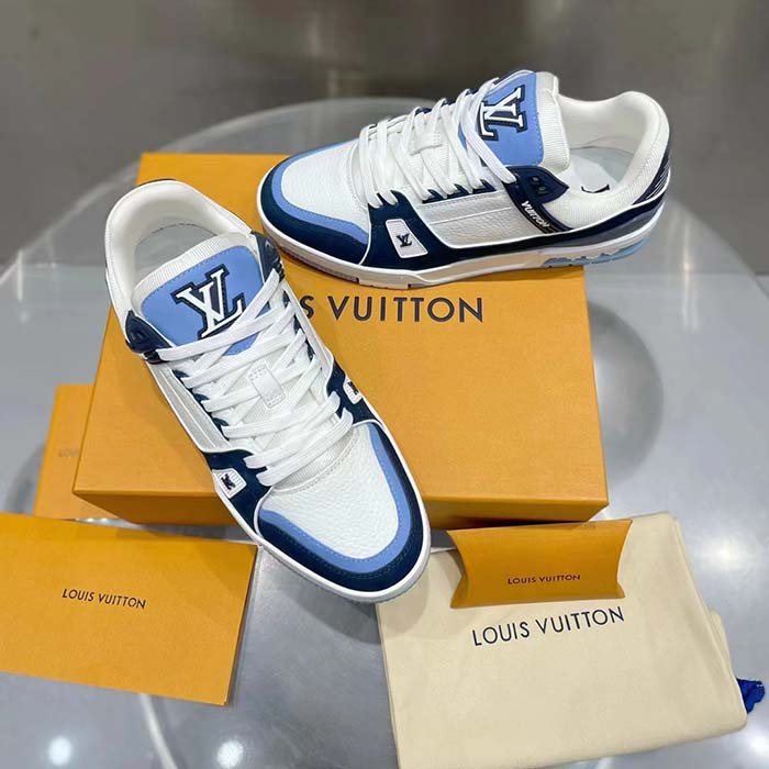 Louis Vuitton Unisex LV Trainer Sneaker Blue Nubuck Calf Leather Grained Monogram Flowers