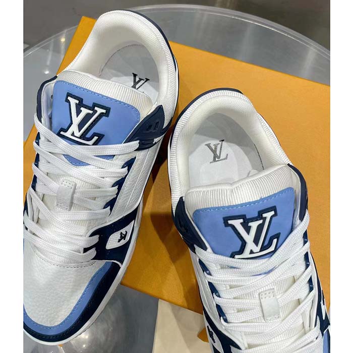 Louis Vuitton Unisex LV Trainer Sneaker Blue Nubuck Calf Leather Grained Monogram Flowers