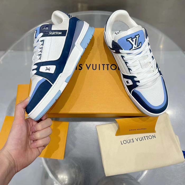 Louis Vuitton Unisex LV Trainer Sneaker Blue Nubuck Calf Leather Grained Monogram Flowers