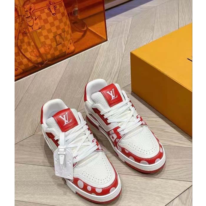 Louis Vuitton Unisex LV Trainer Sneaker Red Calf Leather Rubber Outsole Monogram Flowers