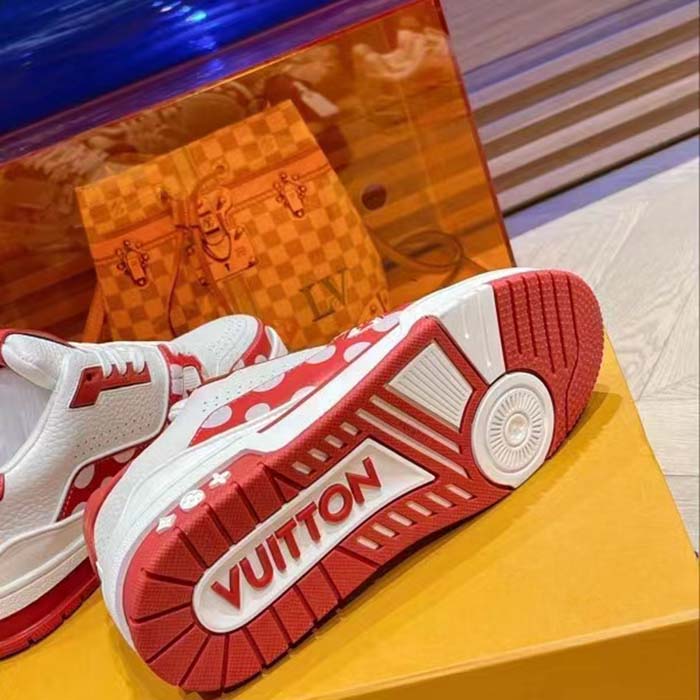 Louis Vuitton Unisex LV Trainer Sneaker Red Calf Leather Rubber Outsole Monogram Flowers
