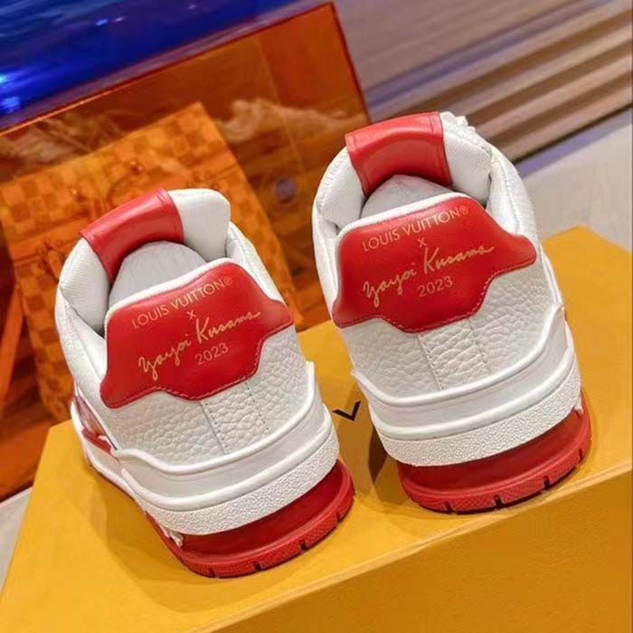 Louis Vuitton Unisex LV Trainer Sneaker Red Calf Leather Rubber Outsole Monogram Flowers