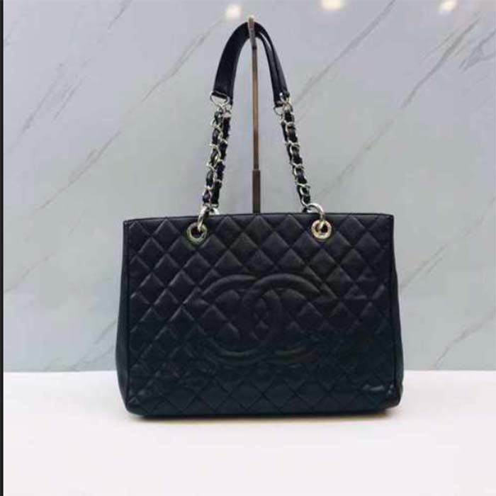 Chanel Women CC Shopping Bag Black Calfskin Leather Silver-Tone Metal