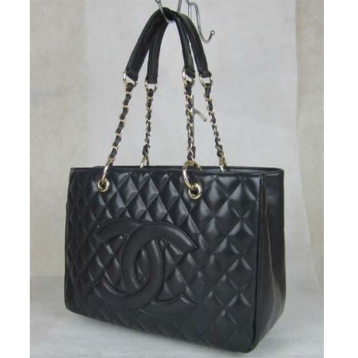 Chanel Women CC Shopping Bag Black Calfskin Leather Gold-Tone Metal