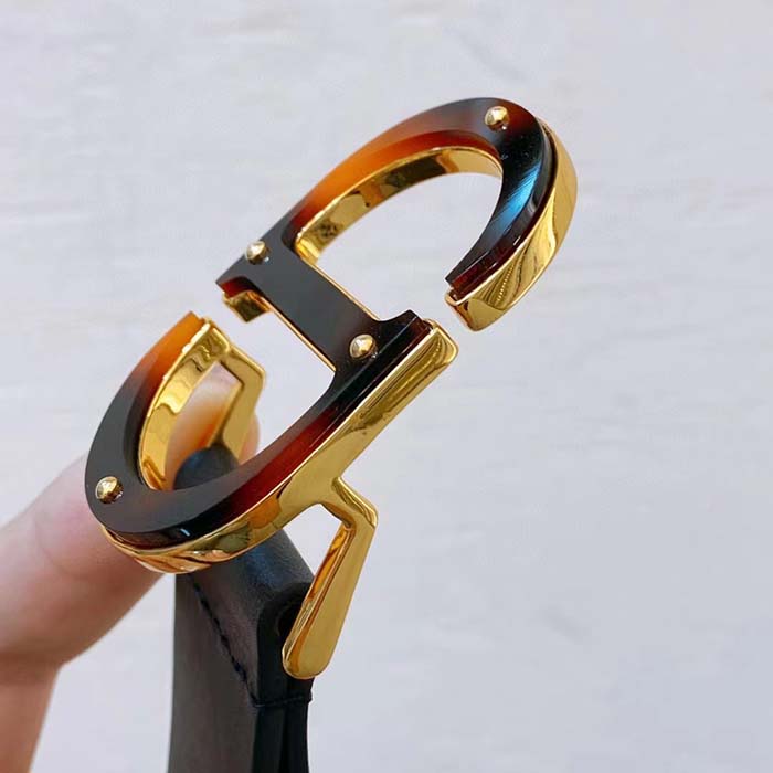 Dior Unisex CD 30 Montaigne Belt Black Smooth Calfskin Leather Brown Tortoiseshell-Effect Resin