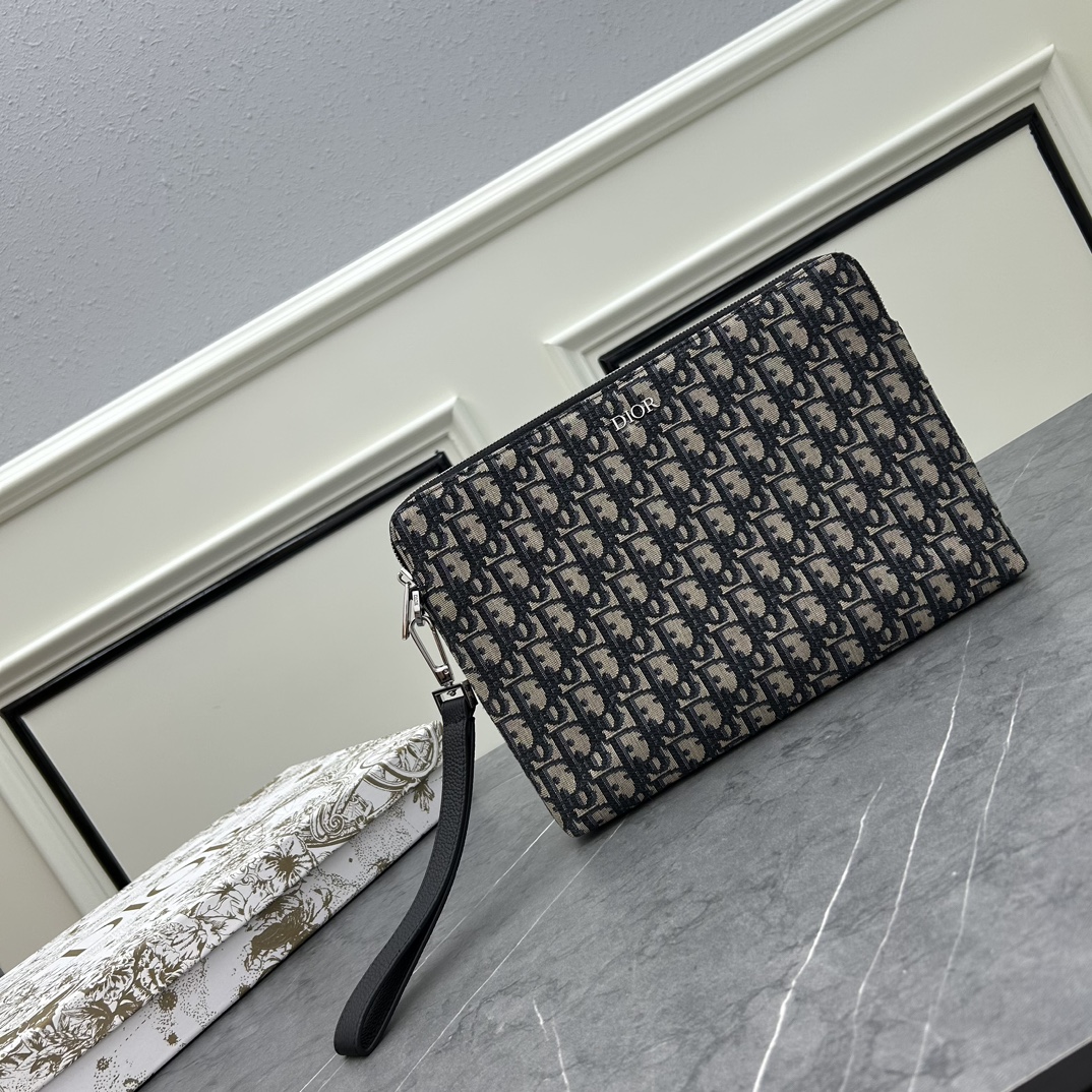 Dior Unisex CD A5 Pouch Beige Black Dior Oblique Jacquard