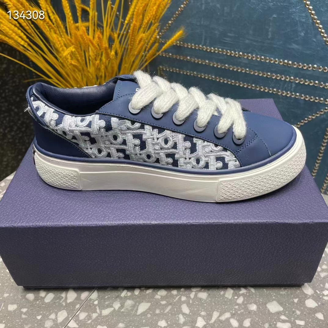 Dior Unisex CD B33 Sneaker Navy Blue Smooth Calfskin Cream Oblique Raised Embroidery
