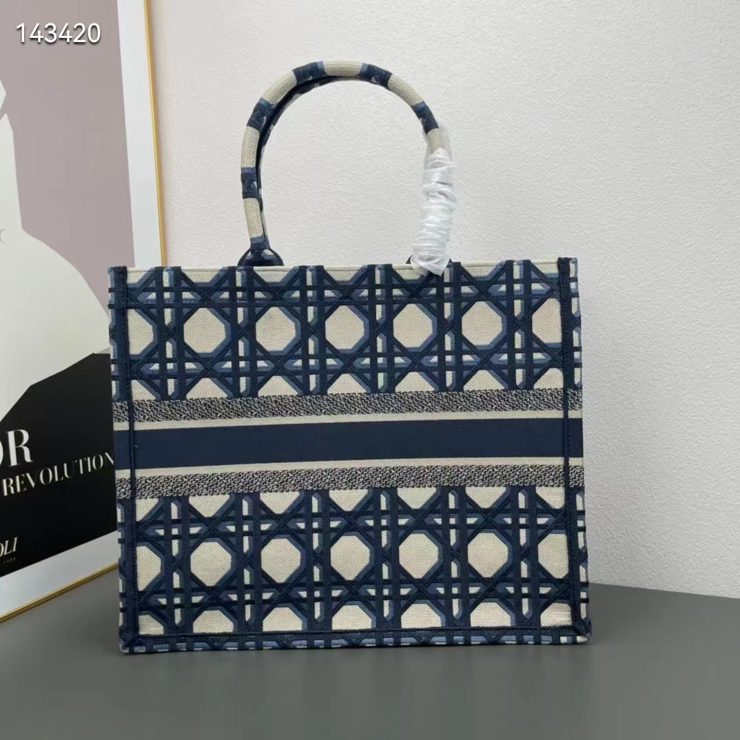 Dior Unisex CD Large Dior Book Tote Beige Blue Macrocannage Embroidery