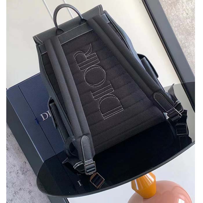 Dior Unisex CD Saddle Backpack Black Grained Calfskin Leather Flap Drawstring Closure