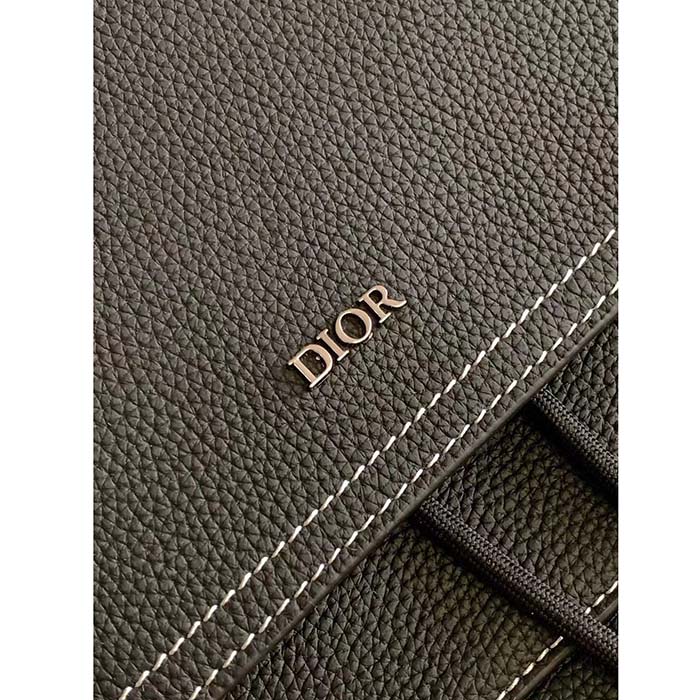 Dior Unisex CD Saddle Backpack Black Grained Calfskin Leather Flap Drawstring Closure