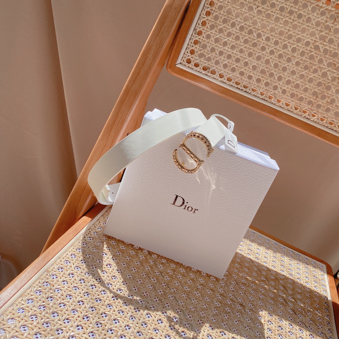 Dior Unisex CD Saddle Belt Latte Ultrasmooth Calfskin White Crystals 20 MM Width
