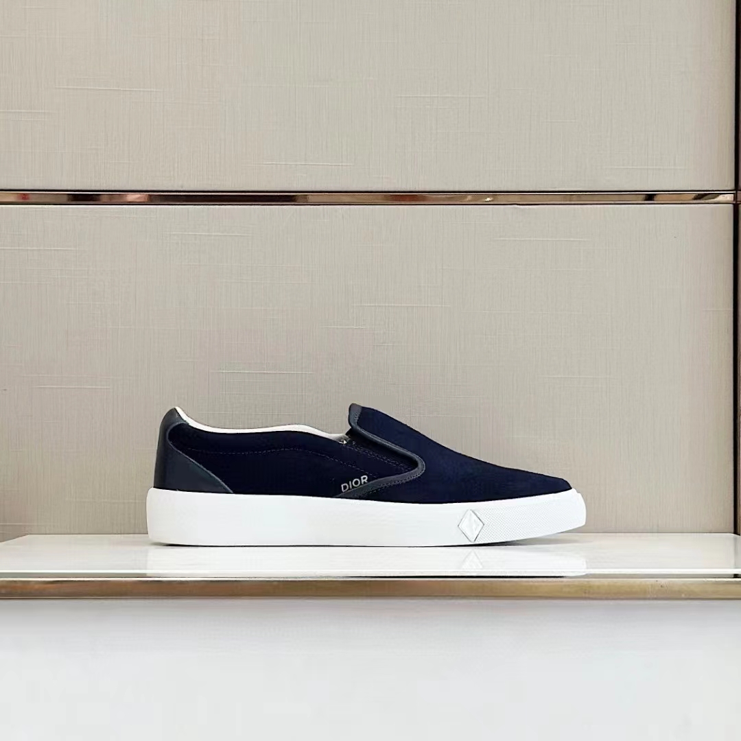 Dior Unisex CD Shoes B101 Slip-On Sneaker Navy Blue Suede Smooth Calfskin