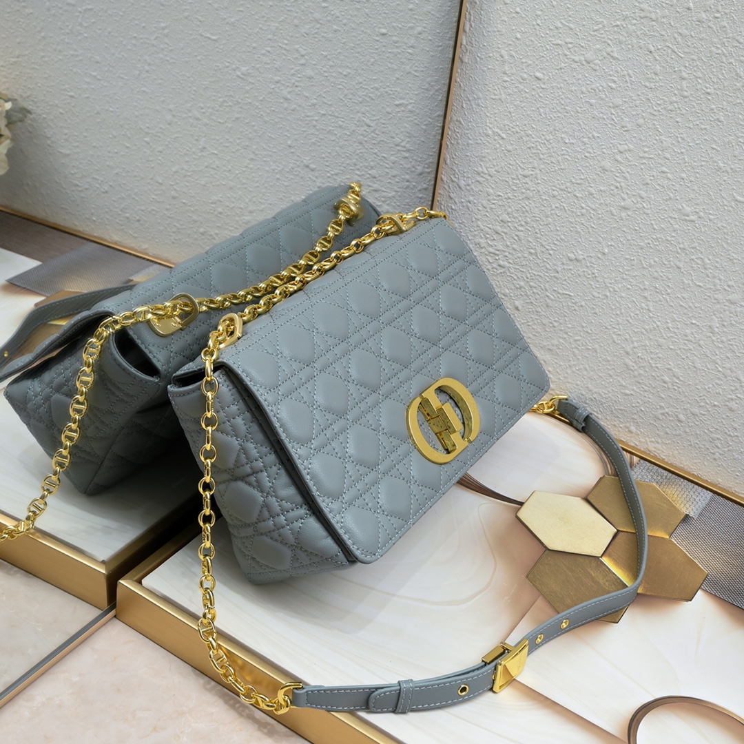 Dior Women CD Large Dior Caro Bag Stone Gray Supple Cannage Calfskin