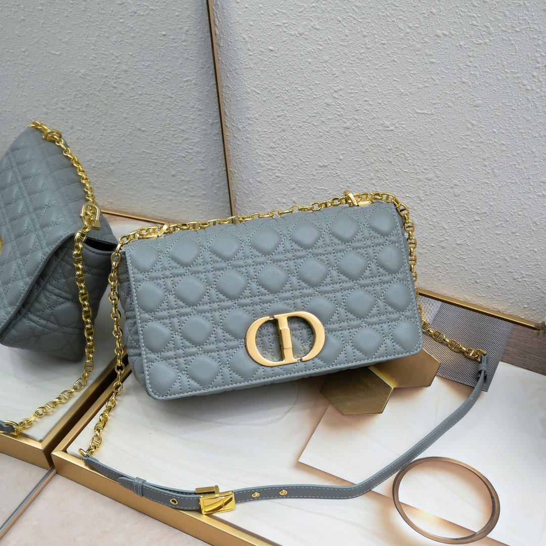 Dior Women CD Large Dior Caro Bag Stone Gray Supple Cannage Calfskin