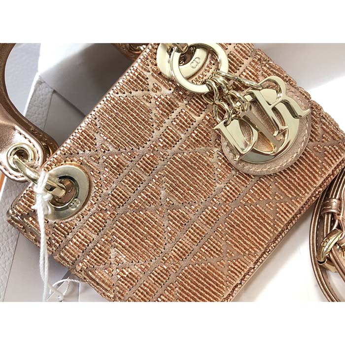 Dior Women CD Mini Lady Bag Caramel Beige Cannage Cotton Embroidered Micropearls