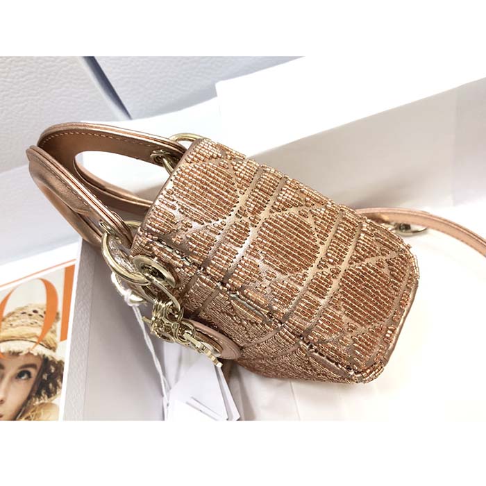 Dior Women CD Mini Lady Bag Caramel Beige Cannage Cotton Embroidered Micropearls