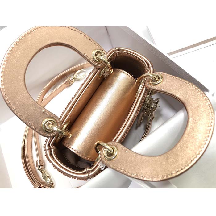 Dior Women CD Mini Lady Bag Caramel Beige Cannage Cotton Embroidered Micropearls