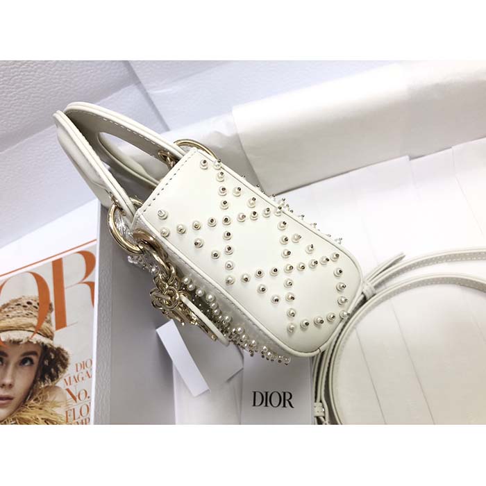 Dior Women CD Mini Lady Bag Latte Crinkle-Effect Lambskin White Resin Half-Pearl Cannage