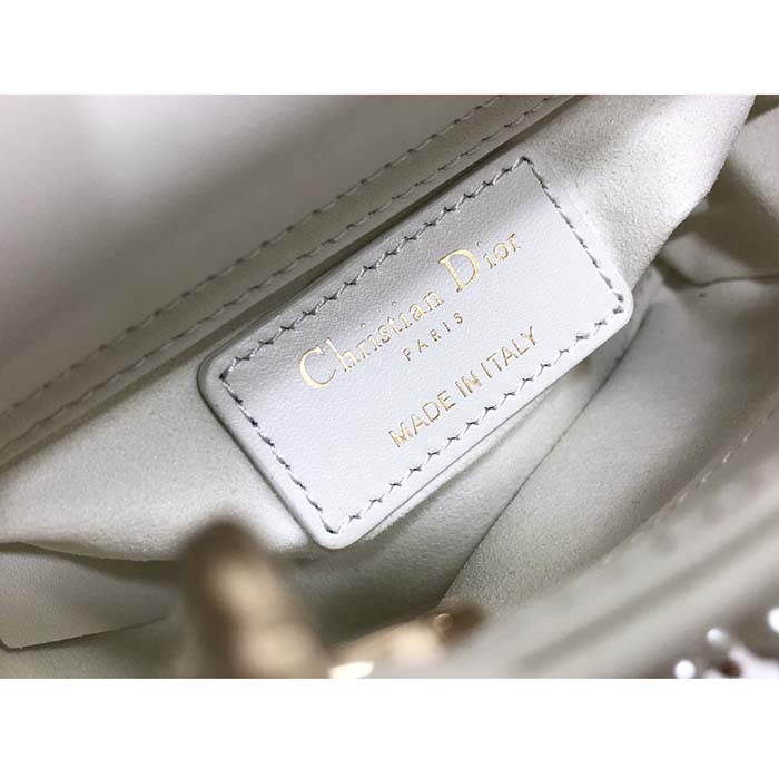 Dior Women CD Mini Lady Bag Latte Crinkle-Effect Lambskin White Resin Half-Pearl Cannage