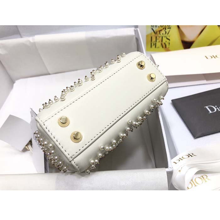 Dior Women CD Mini Lady Bag Latte Crinkle-Effect Lambskin White Resin Half-Pearl Cannage