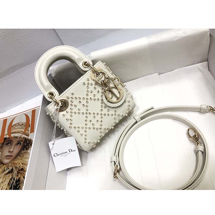 Dior Women CD Mini Lady Bag Latte Crinkle-Effect Lambskin White Resin Half-Pearl Cannage