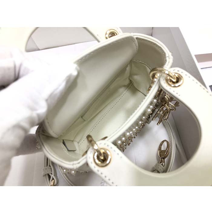 Dior Women CD Mini Lady Bag Latte Crinkle-Effect Lambskin White Resin Half-Pearl Cannage