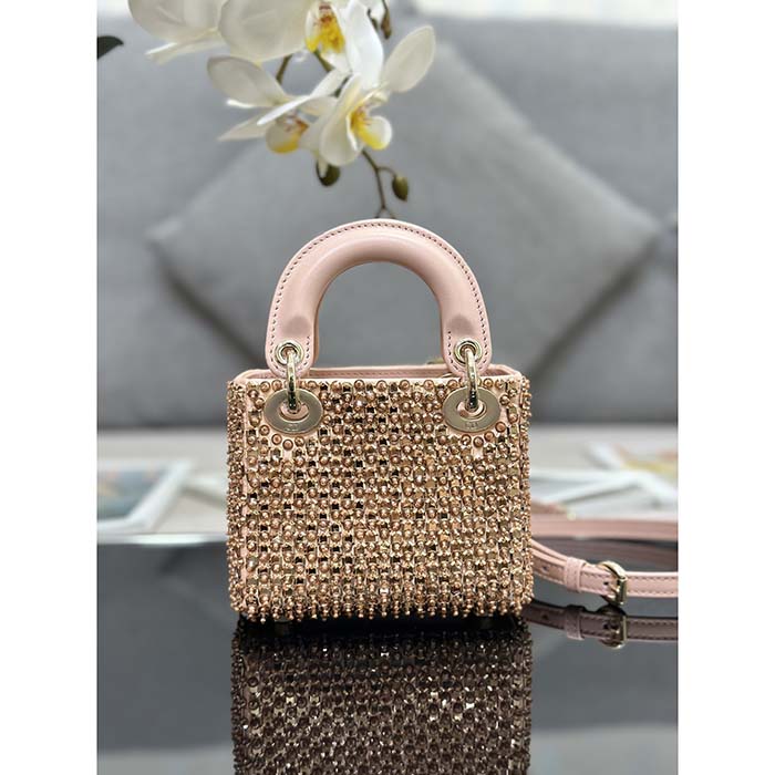 Dior Women CD Mini Lady Bag Square-Motif Embroidery Set Pink Strass White Round Beads
