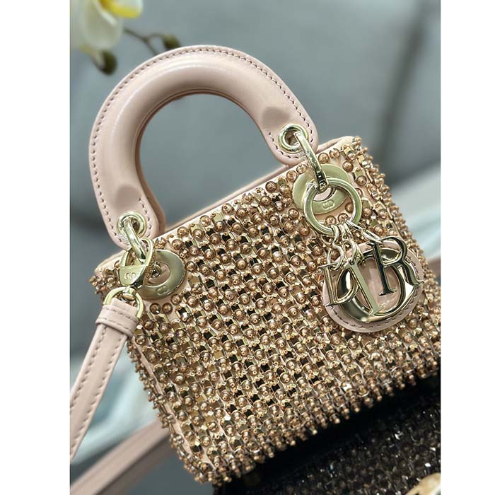 Dior Women CD Mini Lady Bag Square-Motif Embroidery Set Pink Strass White Round Beads