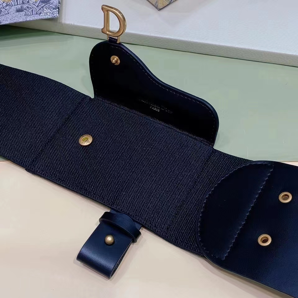 Dior Women CD Saddle Belt Black Smooth Calfskin Technical Fabric 80 MM Width