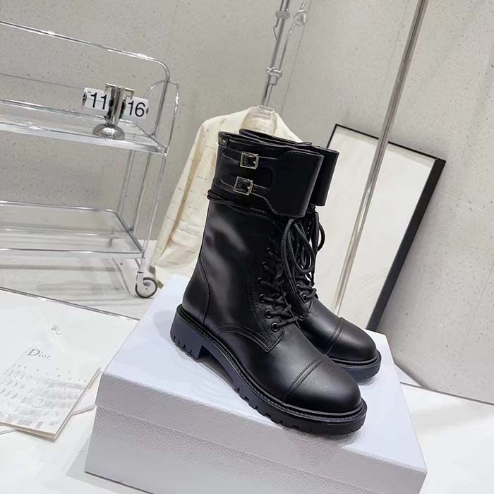 Dior Women CD Shoes D-Trap Ankle Boot Black Calfskin Shearling