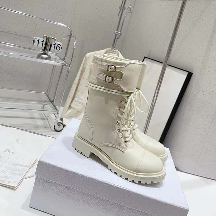 Dior Women CD Shoes D-Trap Ankle Boot White Calfskin Shearling