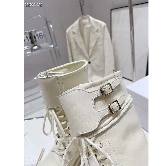 Dior Women CD Shoes D-Trap Ankle Boot White Calfskin Shearling