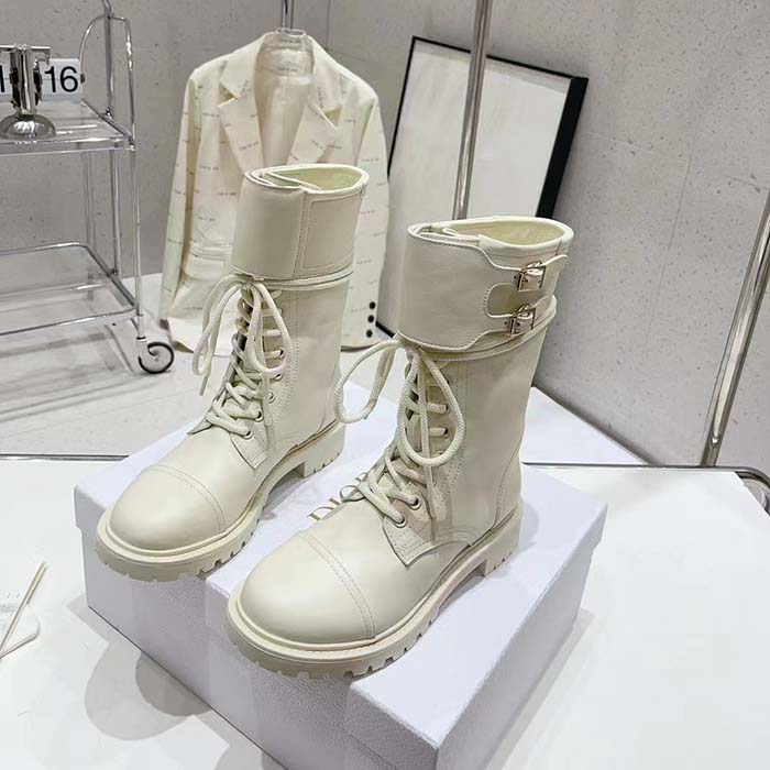 Dior Women CD Shoes D-Trap Ankle Boot White Calfskin Shearling