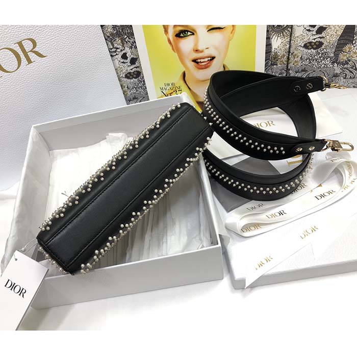 Dior Women CD Small Lady D-Joy Bag Black Crinkle-Effect Lambskin White Resin Half-Pearl Cannage