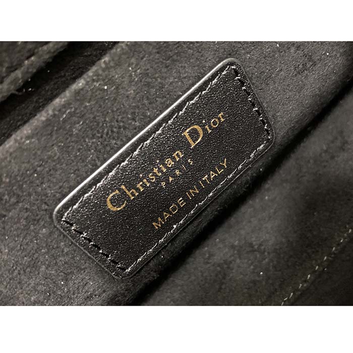 Dior Women CD Small Lady D-Joy Bag Black Crinkle-Effect Lambskin White Resin Half-Pearl Cannage