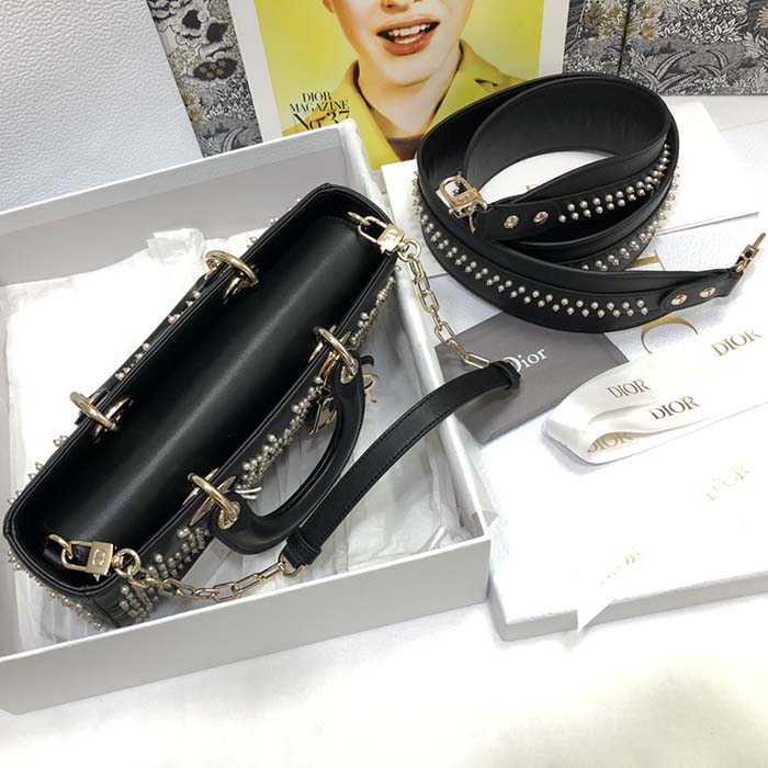 Dior Women CD Small Lady D-Joy Bag Black Crinkle-Effect Lambskin White Resin Half-Pearl Cannage
