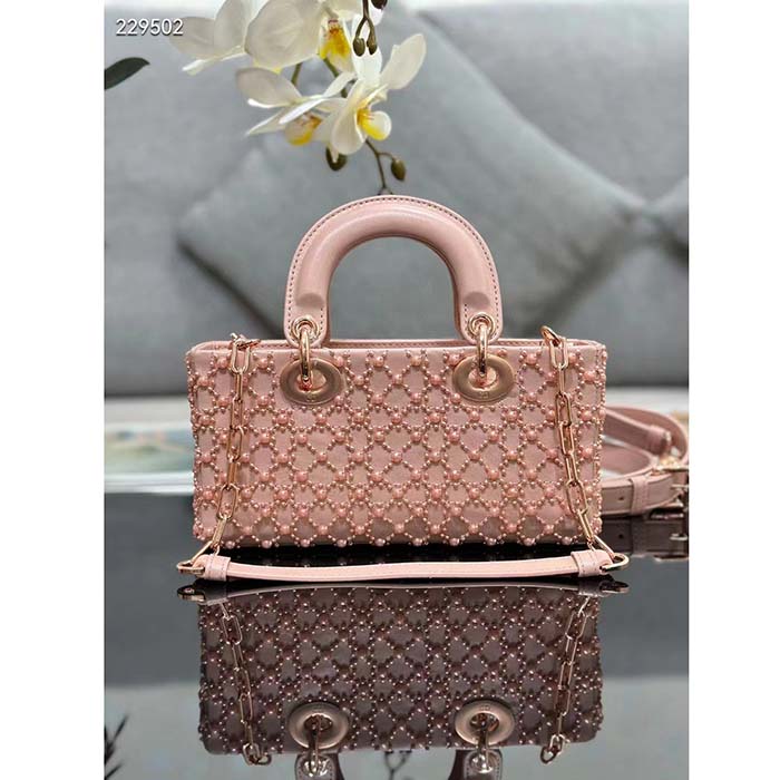 Dior Women CD Small Lady D-Joy Bag Rose Des Vents Cannage Calfskin Embroidered Resin Pearls