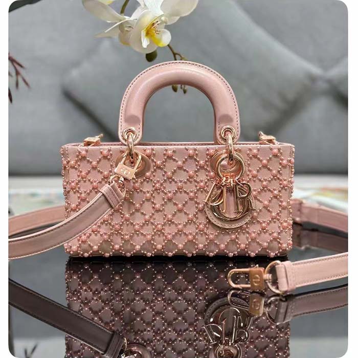 Dior Women CD Small Lady D-Joy Bag Rose Des Vents Cannage Calfskin Embroidered Resin Pearls