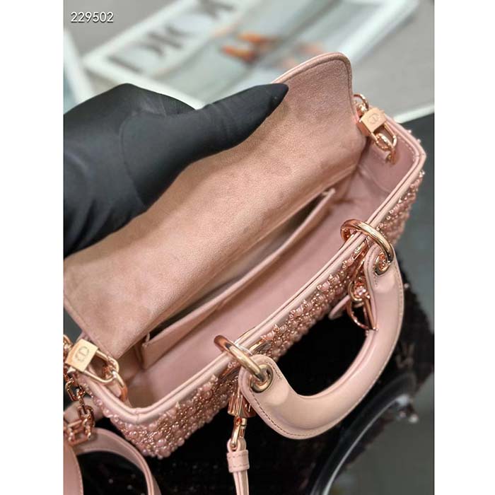 Dior Women CD Small Lady D-Joy Bag Rose Des Vents Cannage Calfskin Embroidered Resin Pearls